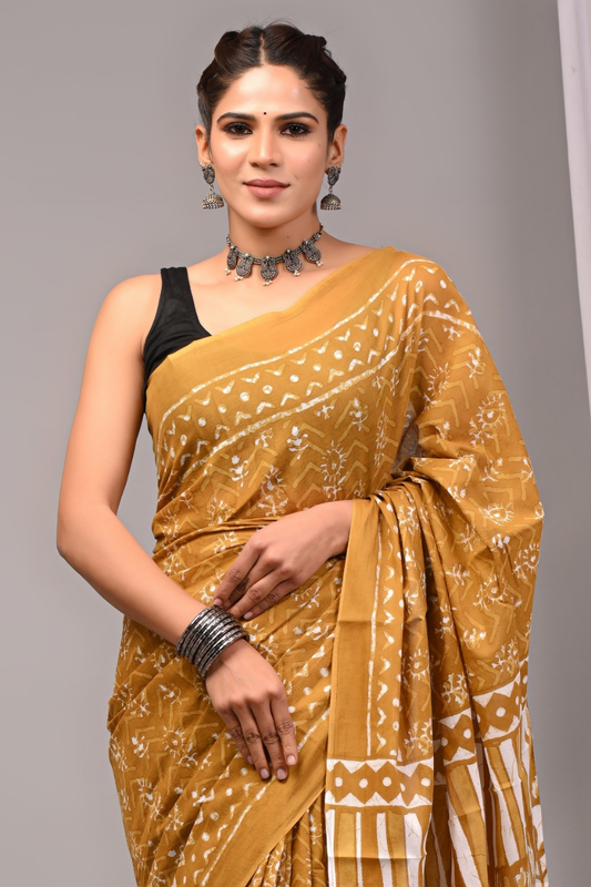 Yellow Cotton Mulmul Saree with White Artistic Print Design