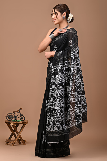 Black Hand Block Printed Cotton Mulmul Saree | White Floral Print | Soft Lightweight Ethnic Wear
