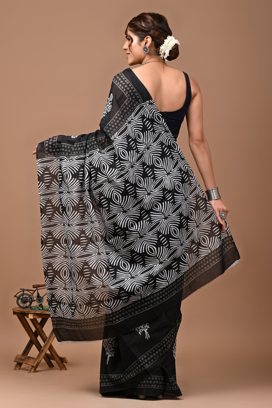 Black Hand Block Printed Cotton Mulmul Saree | White Floral Print | Soft Lightweight Ethnic Wear