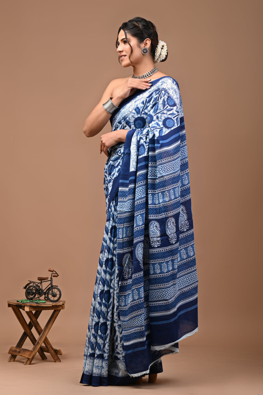 Blue Hand Block Printed Cotton Mulmul Saree | Blue, White & Black Print | Soft Lightweight Ethnic Wear