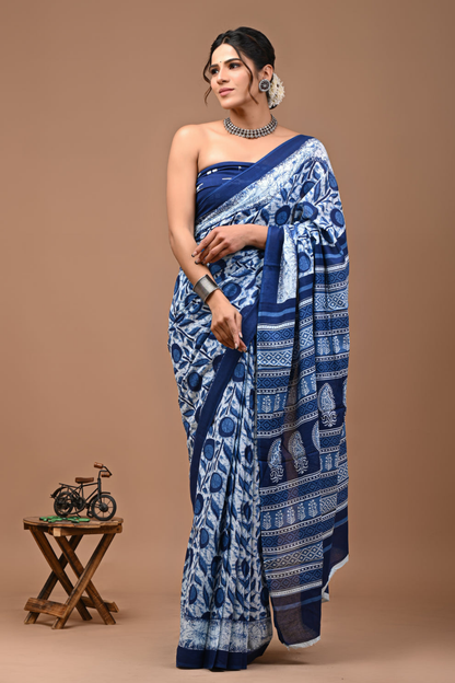 Blue Hand Block Printed Cotton Mulmul Saree | Blue, White & Black Print | Soft Lightweight Ethnic Wear