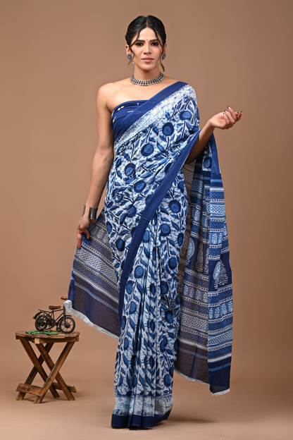 Blue Hand Block Printed Cotton Mulmul Saree | Blue, White & Black Print | Soft Lightweight Ethnic Wear