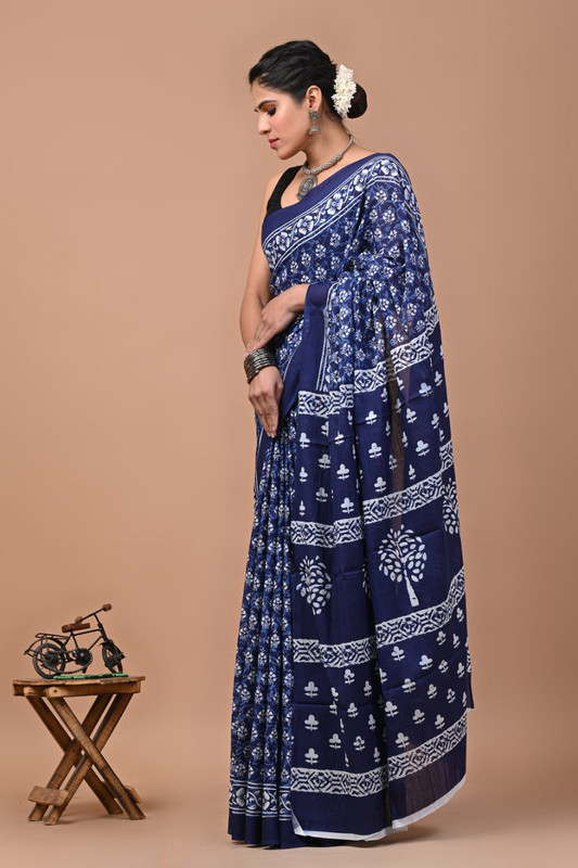 Dark Navy Blue Hand Block Printed Cotton Mulmul Saree | Blue, White & Black Print | Soft Lightweight Ethnic Wear
