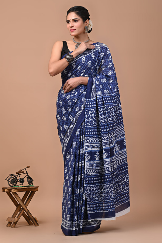 Dark Navy Blue Hand Block Printed Cotton Mulmul Saree | Blue, White & Black Block Print | Soft Lightweight Ethnic Wear