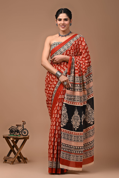 Artistic Print Cotton Mulmul Saree | Bronze Base with Red Border | Abstract Face Design | Soft Lightweight Ethnic Wear