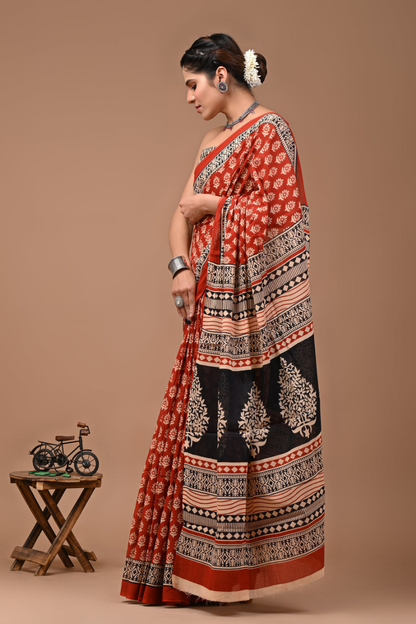 Artistic Print Cotton Mulmul Saree | Bronze Base with Red Border | Abstract Face Design | Soft Lightweight Ethnic Wear