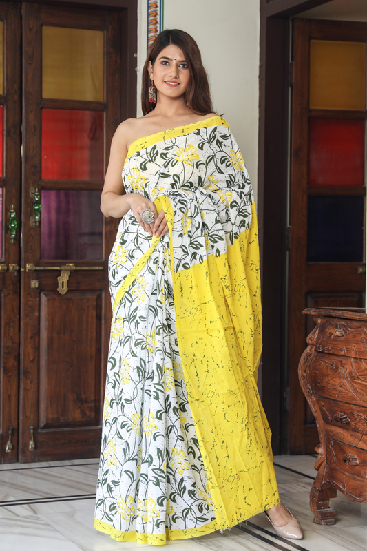 Yellow & White Hand Block Printed Cotton Mulmul Saree | Black Leaf Design | Lightweight Ethnic Wear
