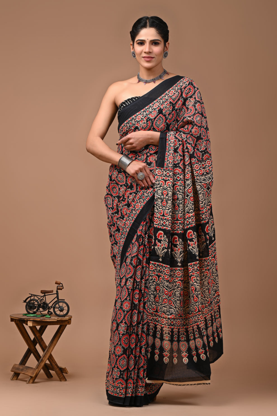 Black Ajrakh Hand Block Printed Cotton Mulmul Saree | Red & White Traditional Print | Soft Lightweight Ethnic Wear
