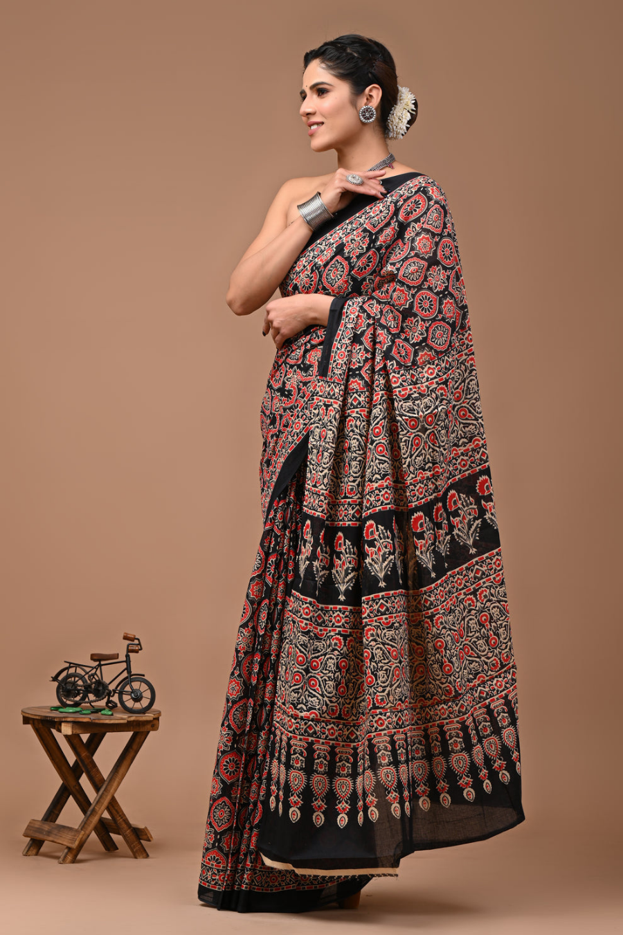 Black Ajrakh Hand Block Printed Cotton Mulmul Saree | Red & White Traditional Print | Soft Lightweight Ethnic Wear