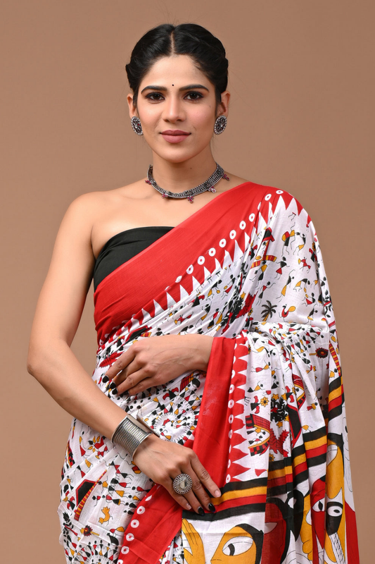 Abstract Art Printed Cotton Mulmul Saree | Multicolor Face Design | Soft Lightweight Ethnic Wear