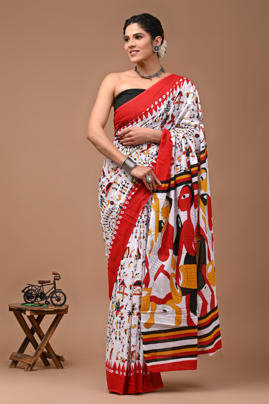 Abstract Art Printed Cotton Mulmul Saree | Multicolor Face Design | Soft Lightweight Ethnic Wear