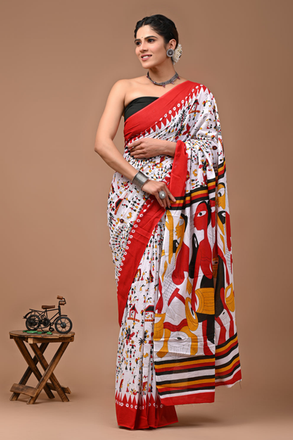 Abstract Art Printed Cotton Mulmul Saree | Multicolor Face Design | Soft Lightweight Ethnic Wear