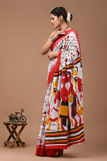 Abstract Art Printed Cotton Mulmul Saree | Multicolor Face Design | Soft Lightweight Ethnic Wear