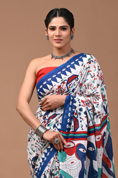 White Artistic Printed Cotton Mulmul Saree | Blue Border Multicolor Design | Soft Lightweight Ethnic Wear