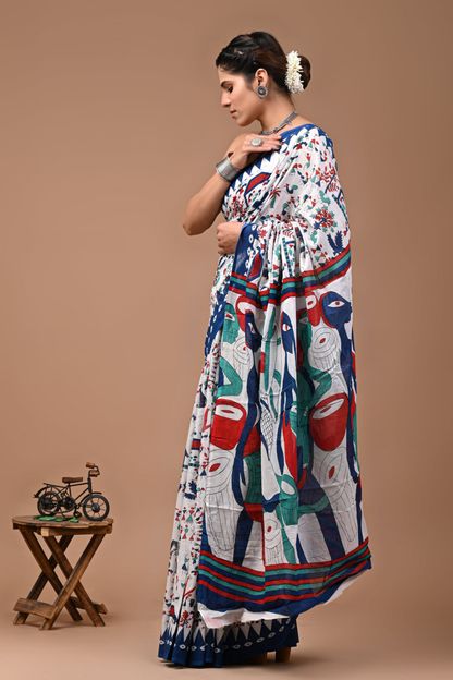 White Artistic Printed Cotton Mulmul Saree | Blue Border Multicolor Design | Soft Lightweight Ethnic Wear