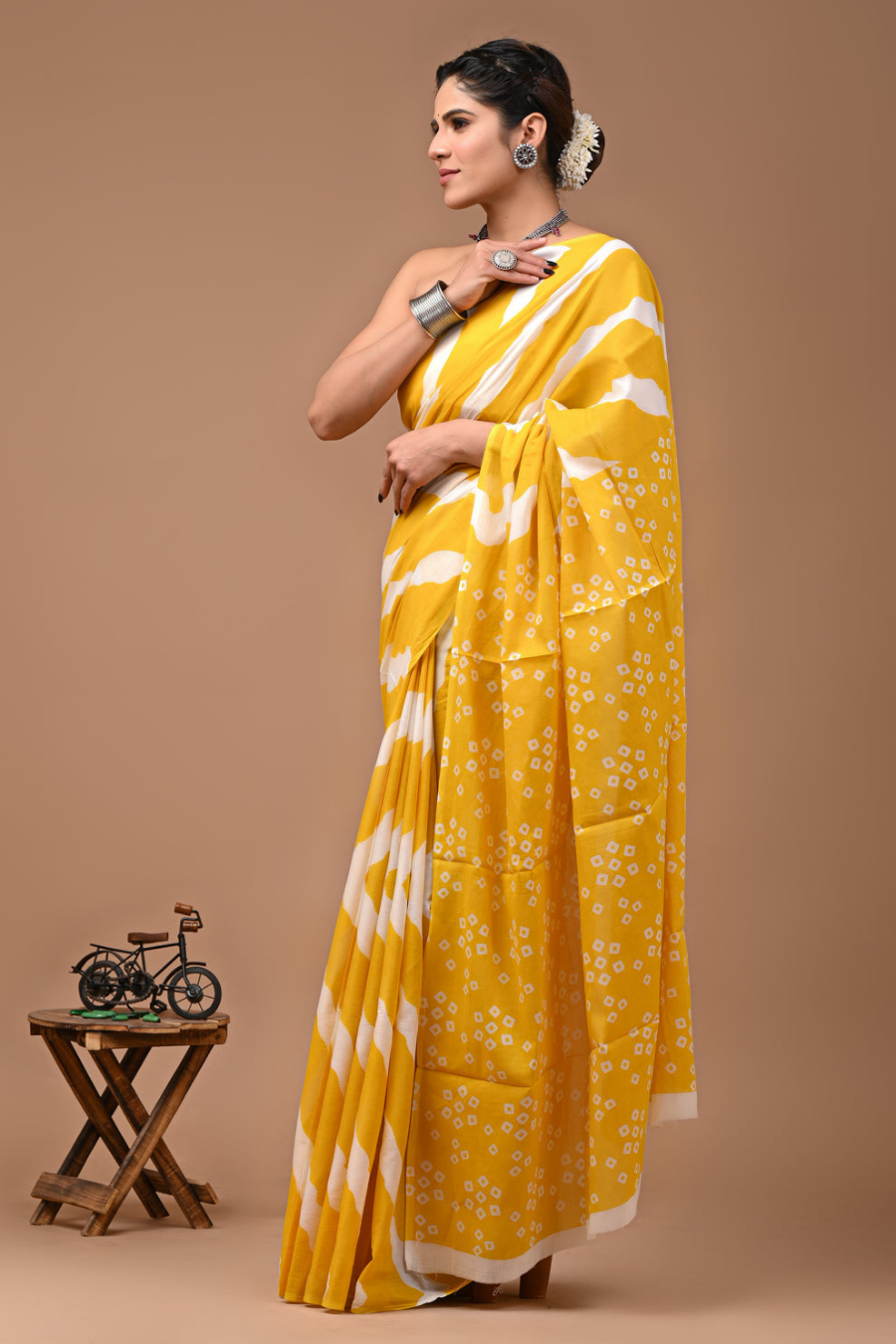 Turmeric Yellow  Printed Cotton Mulmul Saree | White Line Pattern | Soft Lightweight Ethnic Wear