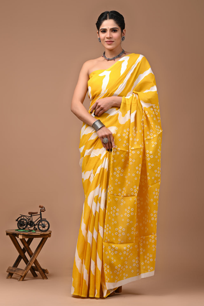 Turmeric Yellow  Printed Cotton Mulmul Saree | White Line Pattern | Soft Lightweight Ethnic Wear