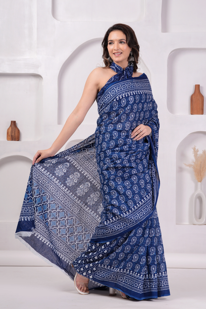 Blue Hand Block Printed Cotton Mulmul Saree | White Print | Soft Lightweight Ethnic Wear
