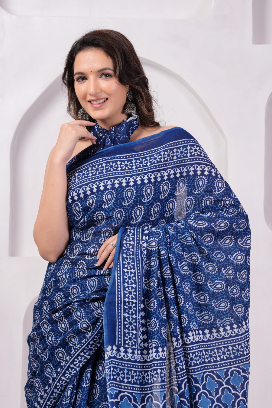 Blue Hand Block Printed Cotton Mulmul Saree | White Print | Soft Lightweight Ethnic Wear