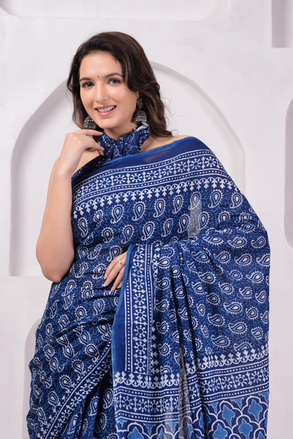 Blue Hand Block Printed Cotton Mulmul Saree | White Print | Soft Lightweight Ethnic Wear