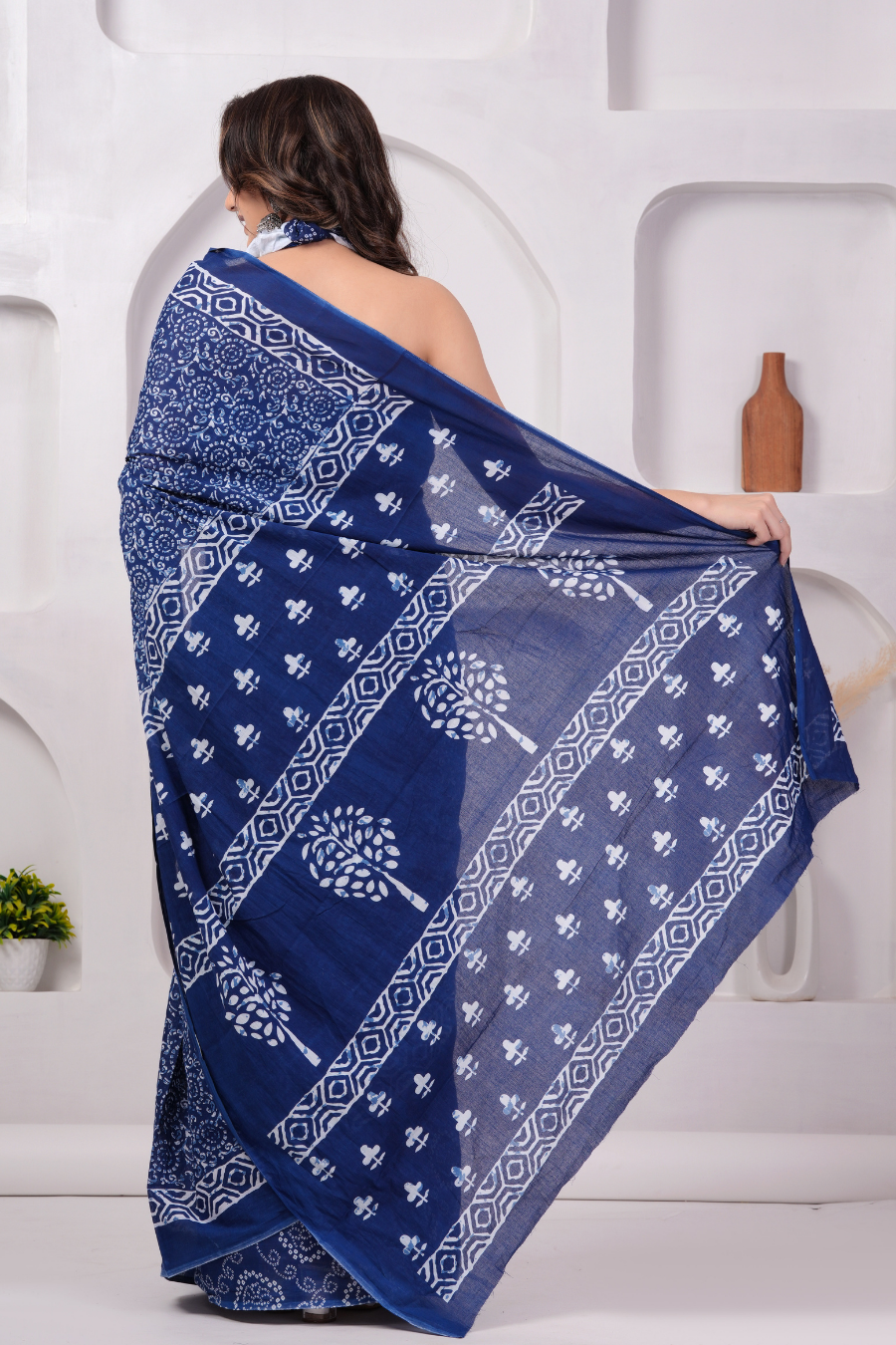 Blue Hand Block Printed Cotton Mulmul Saree | White Artesian  with Tree pattern   Pallu | Soft Lightweight Ethnic Wear