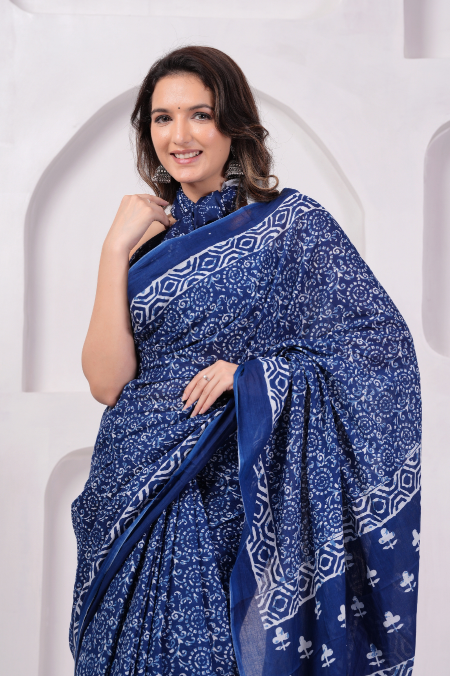 Blue Hand Block Printed Cotton Mulmul Saree | White Artesian  with Tree pattern   Pallu | Soft Lightweight Ethnic Wear