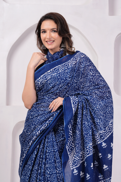 Blue Hand Block Printed Cotton Mulmul Saree | White Artesian  with Tree pattern   Pallu | Soft Lightweight Ethnic Wear