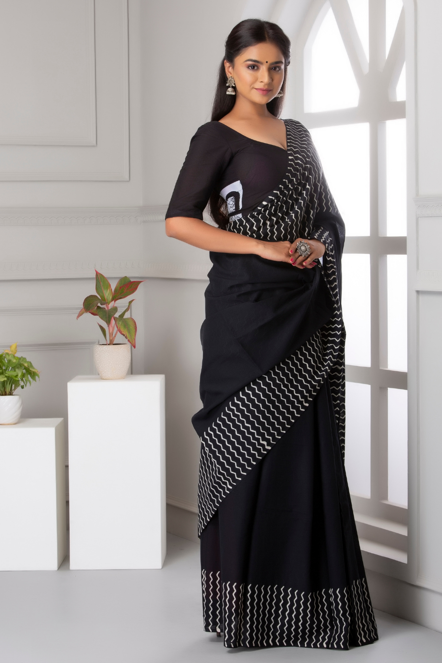 Black Hand Block Printed Cotton Mulmul Saree | White Zig-Zag Pattern | Soft Lightweight Ethnic Wear